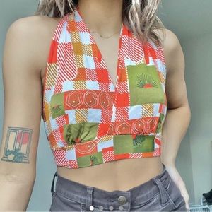 VINTAGE: plaid, halter, crop, 70s